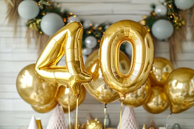 Feliz aniversário, balões de hélio dourado em um evento de celebração