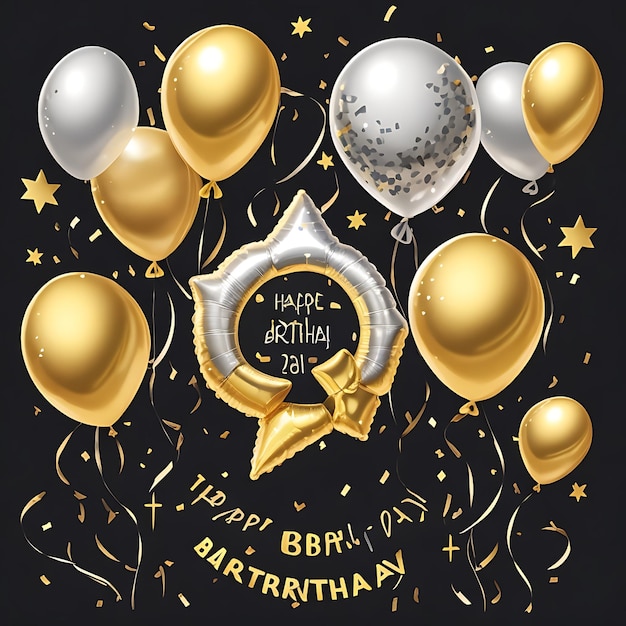 Foto feliz aniversário balões dourados e prateados com confete