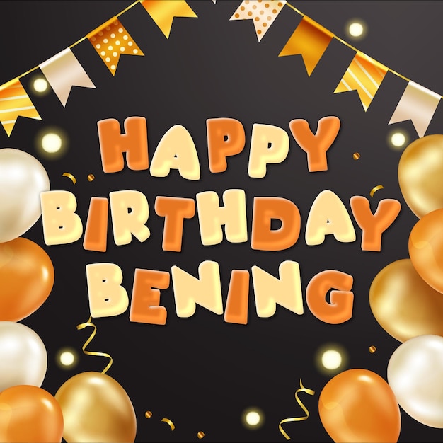 Foto feliz aniversário bening gold confetti cute balloon card efeito de foto e texto