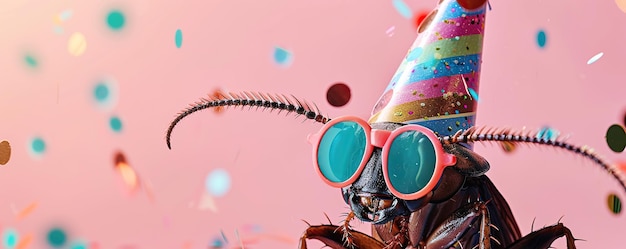 Feliz aniversário carnaval véspera de Ano Novo Sylvester ou outra celebração festiva animais engraçados carta bandeira barata com chapéu de festa e óculos de sol em fundo rosa com confete
