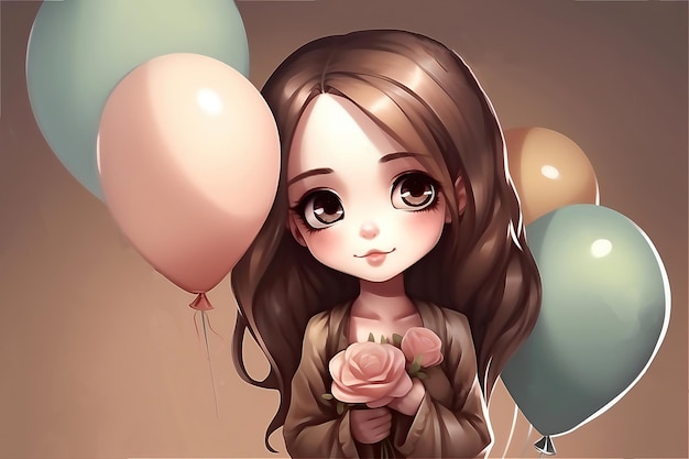 Feliz aniversário Cartoon bonita menina com balão Ilustração Imagem gerada por IA processada