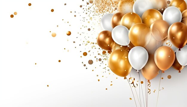 feliz aniversário com balões de luxo e confete fundo branco dourado