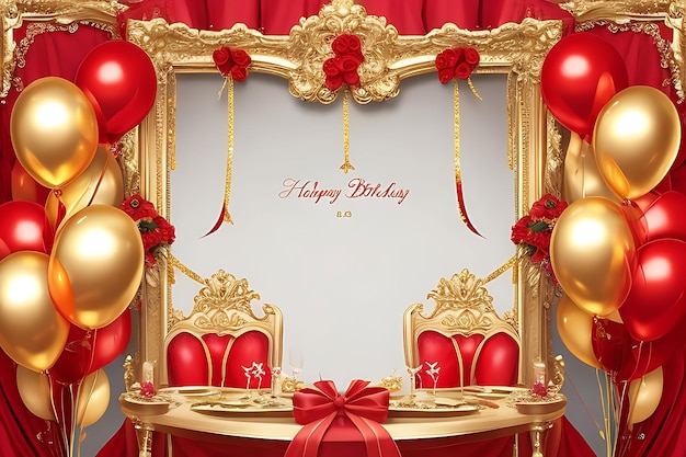 Feliz aniversário com festa de celebração balões de luxo dourados e modelo de design de caixa de presente