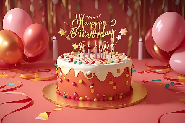 Foto feliz aniversário com festa de celebração balões de luxo dourados e modelo de design de caixa de presente