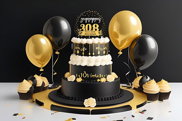 Foto feliz aniversário com festa de celebração balões de luxo dourados e modelo de design de caixa de presente