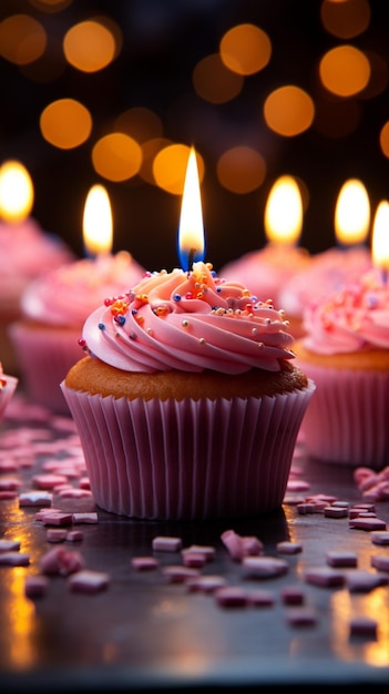 Feliz aniversário cupcake queimando velas fita rosa presente uma delícia festiva papel de parede móvel vertical