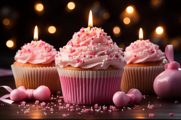 Feliz Aniversário cupcake queimando velas rosa presente de fita uma delícia festiva