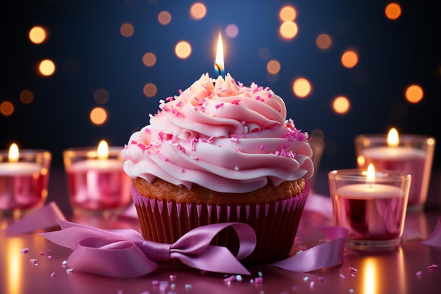 Feliz Aniversário cupcake queimando velas rosa presente de fita uma delícia festiva