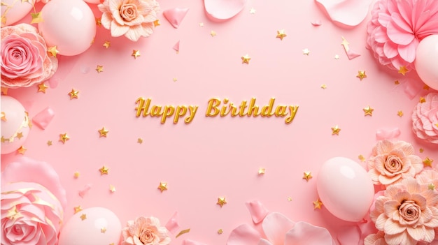Feliz aniversário fundo rosa com balões e confete desenho festivo alegre para convites de festa cartões de saudação e decoração de celebração