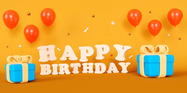 Feliz aniversário, letras brancas com caixas azuis brancas e balões vermelhos em fundo amarelo