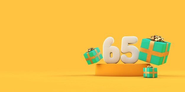 Feliz aniversário número e presentes em um pódio amarelo d render