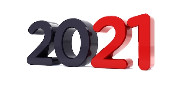 Feliz ano novo 2021 texto 3d de celebração. Modelo de calendário de número 2021 vermelho