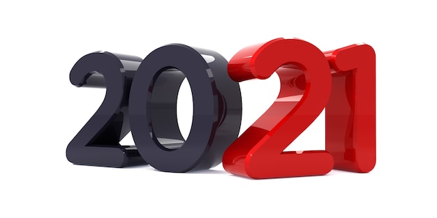 Feliz ano novo 2021 texto 3d de celebração. Modelo de calendário de número 2021 vermelho