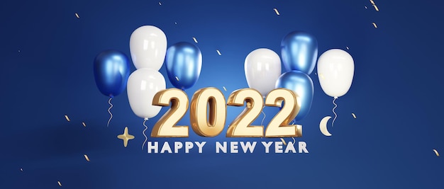 Feliz ano novo 2022 balões dourados e brancos realistas projeto do fundo números metálicos data de 2022