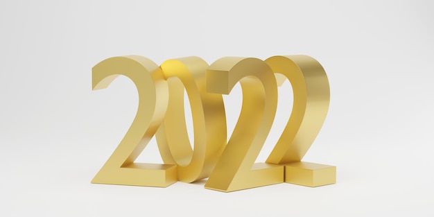 Feliz ano novo 2022. Números 3D dourados sobre um fundo branco. Ilustração 3D, renderização 3D