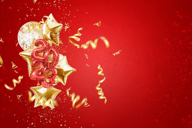 Feliz ano novo 2023 balões infláveis dourados em um fundo vermelho confetes Cartão de férias estilo revista banner site cabeçalho modelo de cartaz web para publicidade ilustração 3D renderização 3D
