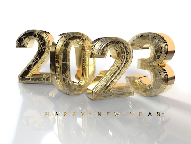 Feliz ano novo 2023 com conceito de renderização 3d de efeito dourado e branco para o fundo