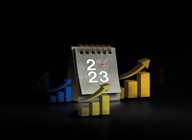 Feliz ano novo 2023 fundo 2023 números ano com ícone de destino no calendário de mesa pequeno preto com ícone de gráfico de crescimento 3d isolado no plano minimalista de fundo escuro para o sucesso e objetivos