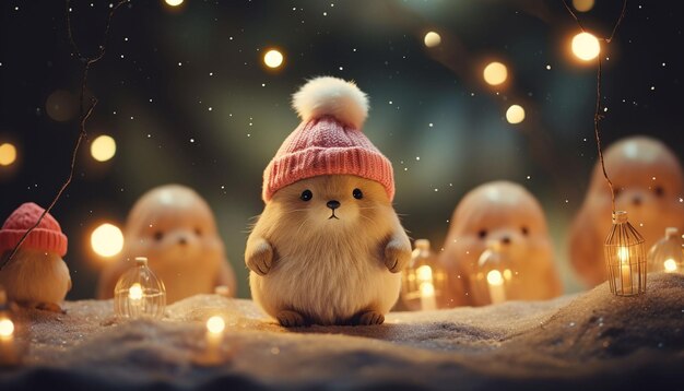 Feliz ano novo 2024 bonito boneco de neve e árvore de Natal em bokportrait colorido de luzes de fundo