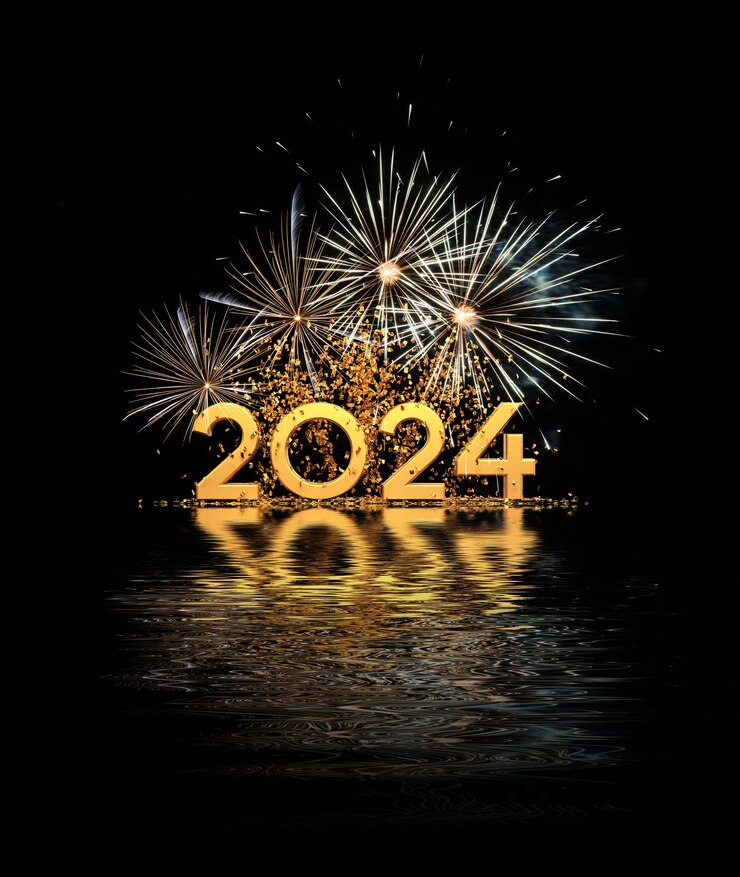 Foto feliz ano novo 2024 cartão com confete e fogos de artifício