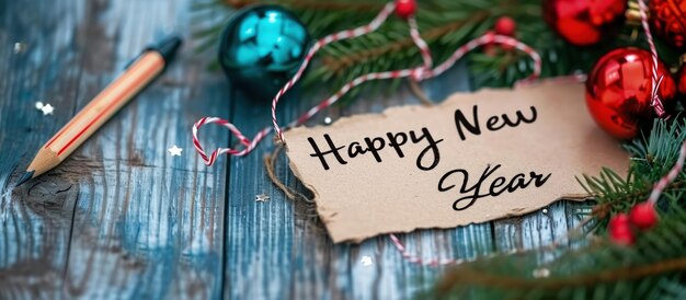 Feliz Ano Novo 2024 cartaz de felicitações contra o fundo de uma árvore de Natal cones de Natal brinquedos bolas guirlandas escritas a lápis