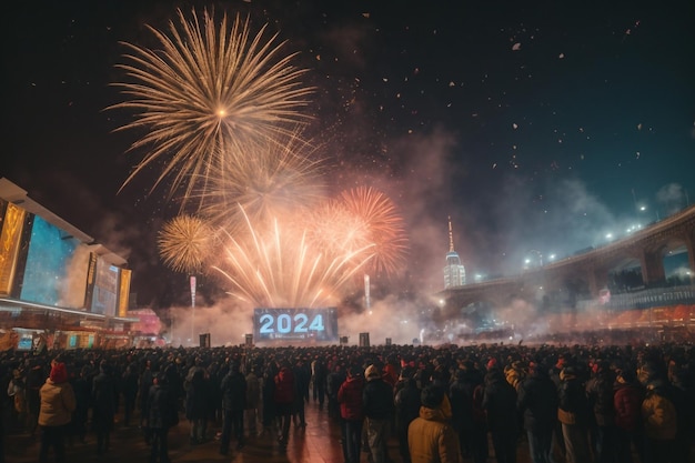 Feliz ano novo 2024 celebração e pessoas conceito grupo de amigos sorridente e fogos de artifício
