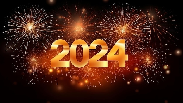 Feliz Ano Novo 2024 com fogos de artifício ao fundo