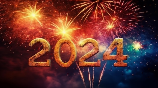 Feliz Ano Novo 2024 com fogos de artifício ao fundo