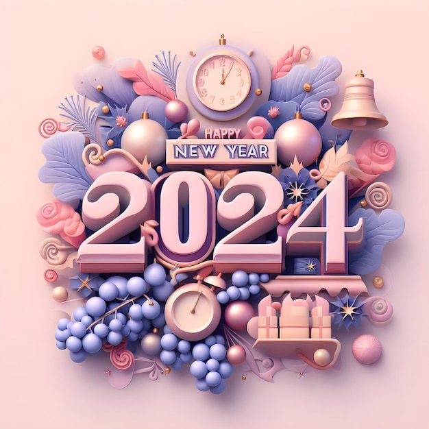 Feliz Ano Novo 2024 cores pastel pulpurina uvas