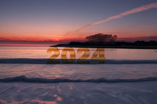 Feliz ano novo 2024 Pôr do sol ou nascer do sol desfocado