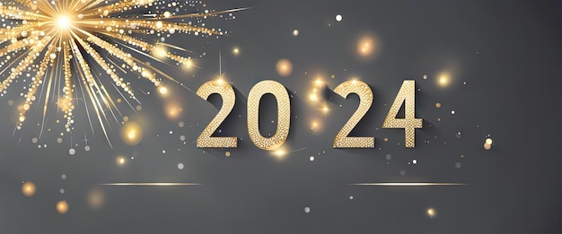 Feliz Ano Novo 2024 símbolo dourado sobre fundo claro com salpicos cintilantes e saudação com ilustração bokeh