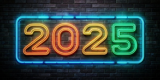Feliz Ano Novo 2025 sinal de néon brilhante em fundo de parede de tijolos