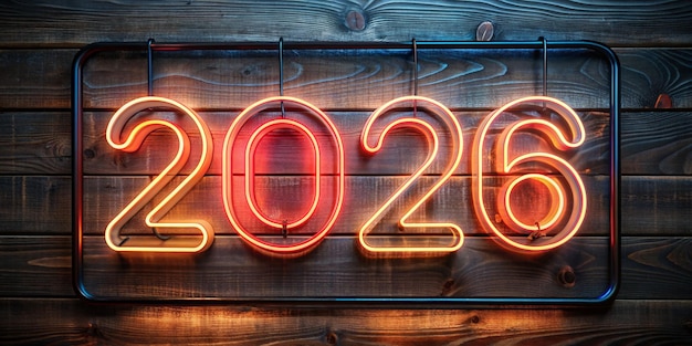 Foto feliz ano novo 2026 sinal de néon brilhante em fundo de parede de tijolos