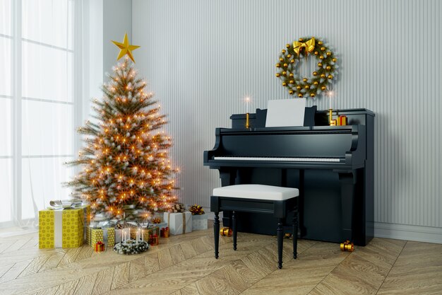 Feliz ano novo, árvore de Natal decorar e piano na parede branca e madeira