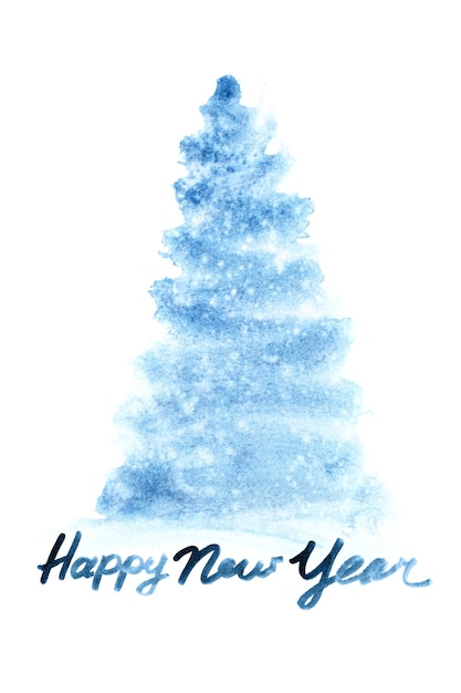 Feliz ano novo - árvore de natal em aquarela azul