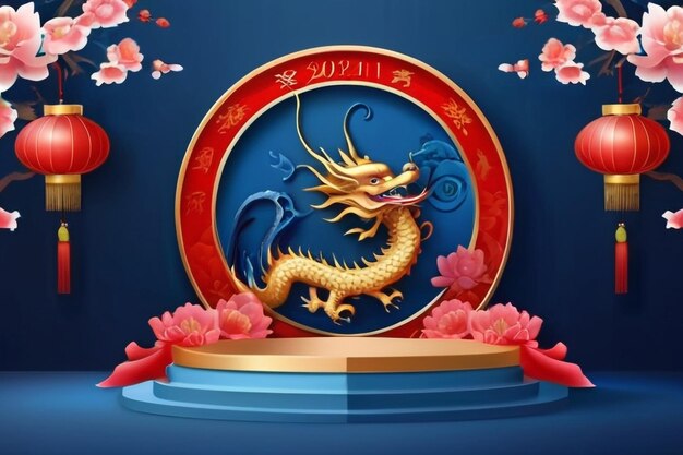 Feliz Ano Novo Chinês 2024 Estágio do Pódio Azul Signo do Zodíaco do Dragão com peônia
