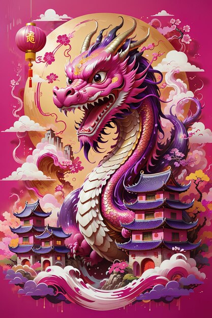 Feliz ano novo chinês 2024 O fundo do quadro rosa do dragão