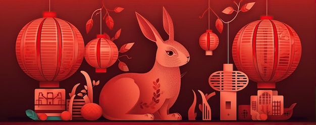 Feliz Ano Novo Chinês com um coelho bonito Personagem de desenho animado de férias animais Criado com IA generativa