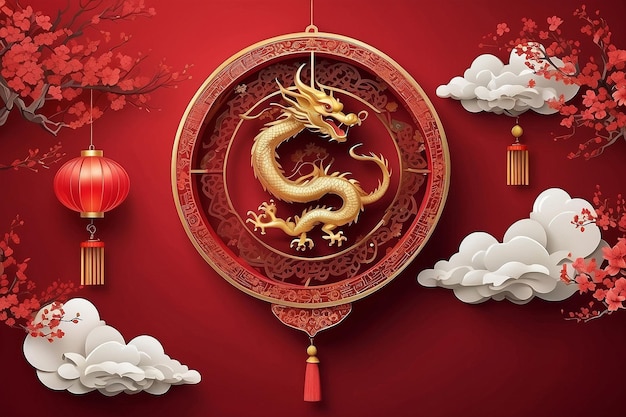 Feliz ano novo chinês dragão de relevo vermelho dourado lanterna tradicional nuvem em espiral