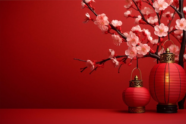 feliz ano novo chinês flores de sakura e lanterna tradicional em vermelho