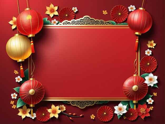 Feliz ano novo chinês para festas e celebrações com espaço para mensagem isolada em fundo vermelho.