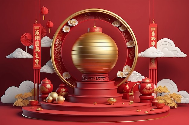 feliz ano novo chinês tema asiático exibição de produto pódio bola de ouro e nuvem de ouro em fundo vermelho