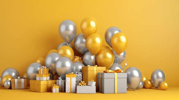 Feliz ano novo com fundo de balão colorido e presente de fundo amarelo