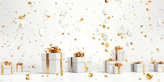 Feliz Ano Novo e Feliz Natal caixas de presentes brancas com laços dourados e lanternas Generative Ai