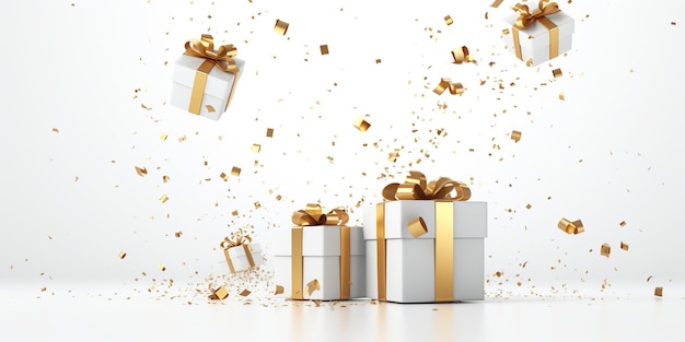 Feliz Ano Novo e Feliz Natal caixas de presentes brancas com laços dourados e lanternas Generative Ai