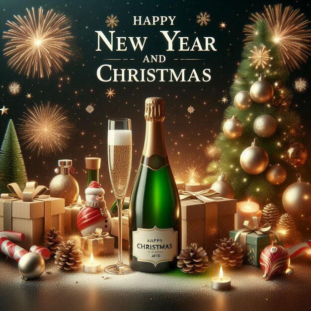Feliz Ano Novo e Natal imagens de fundo garrafa de champanhe belo presente de Natal
