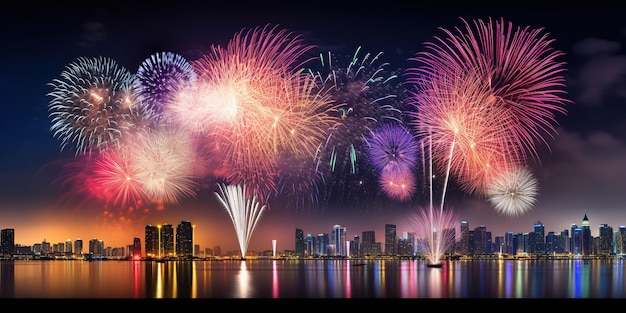 Feliz ano novo fogos de artifício no fundo da cidade AI Generative