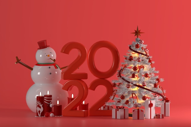 Feliz ano novo fundo 3D com árvore de natal do boneco de neve