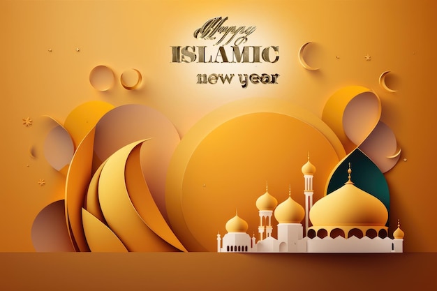 Feliz ano novo islâmico novo ano islâmico lunar com pódio de ouro crescente lanterna árabe mesquita 1440 Cartaz de foto criativa ou espaço de cópia de cartão de saudação de banner Lua
