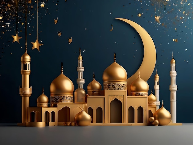 Feliz ano novo islâmico novo ano lunar Hijri com crescente pódio de ouro lanterna árabe mesquita 1440